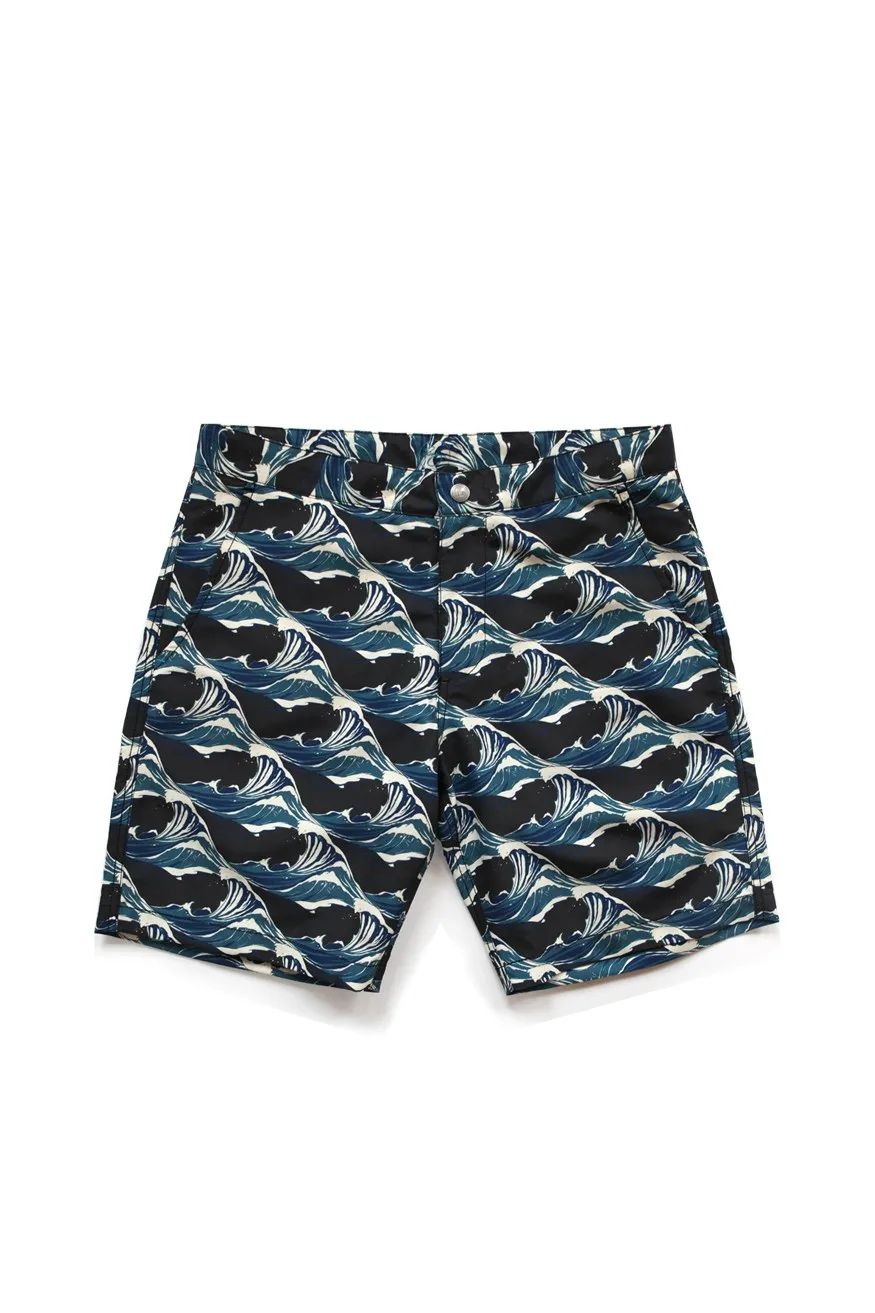 RIZ Boardshorts Braunton Swim Short, Waves in Black