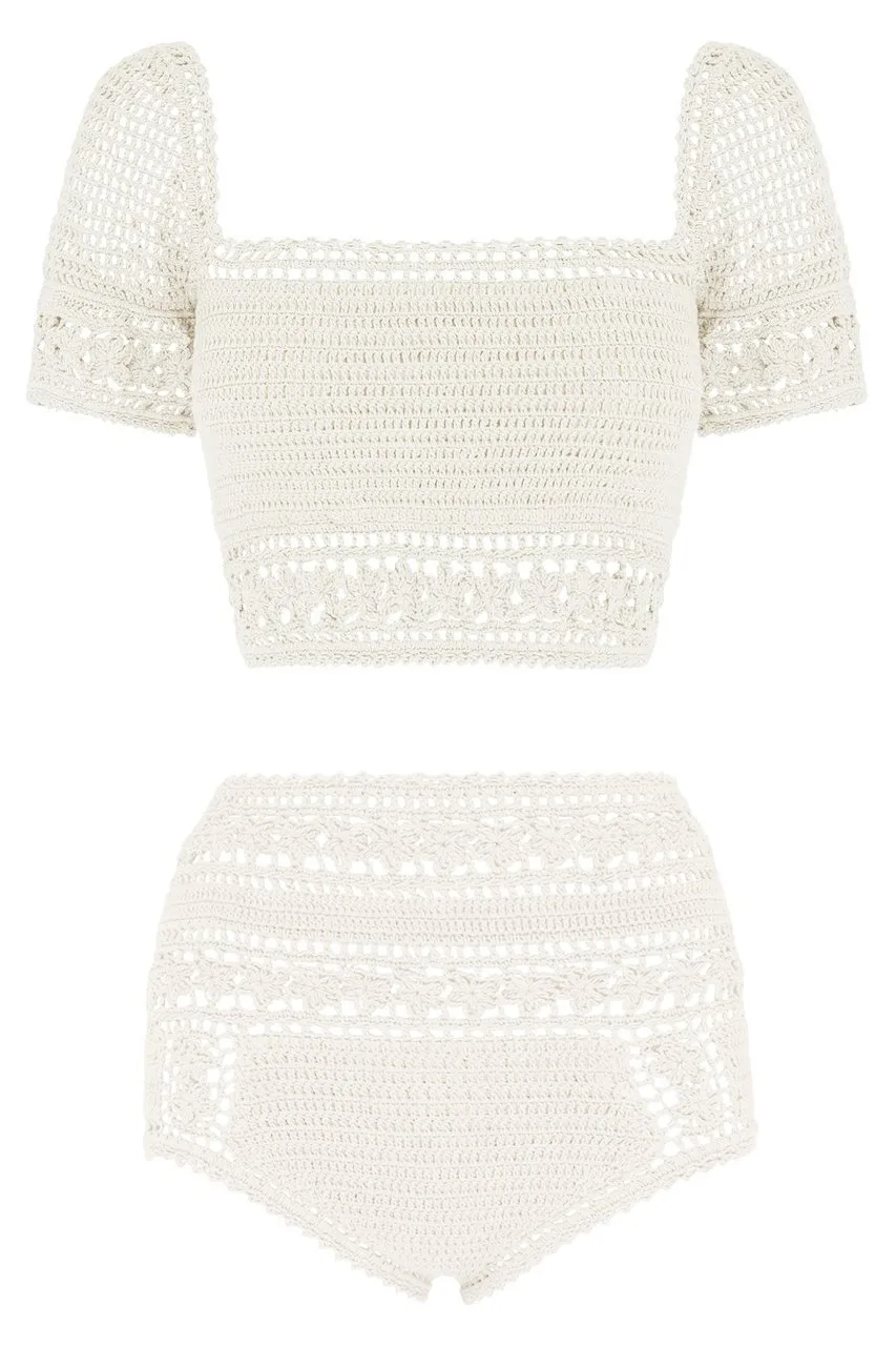 She Made Me Rose Cotton Crochet Bikini Top + Rose Cotton Crochet Bikini Bottom | White