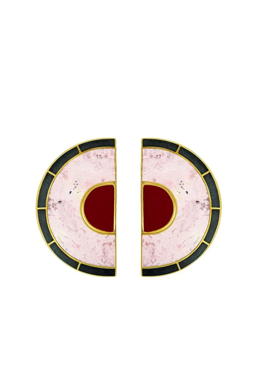 Monica Sordo Brujo Half Orbit Earrings | Natural Pink Rodonite, Green Jade, Red Jasper + 21-karat Gold Plated Brass